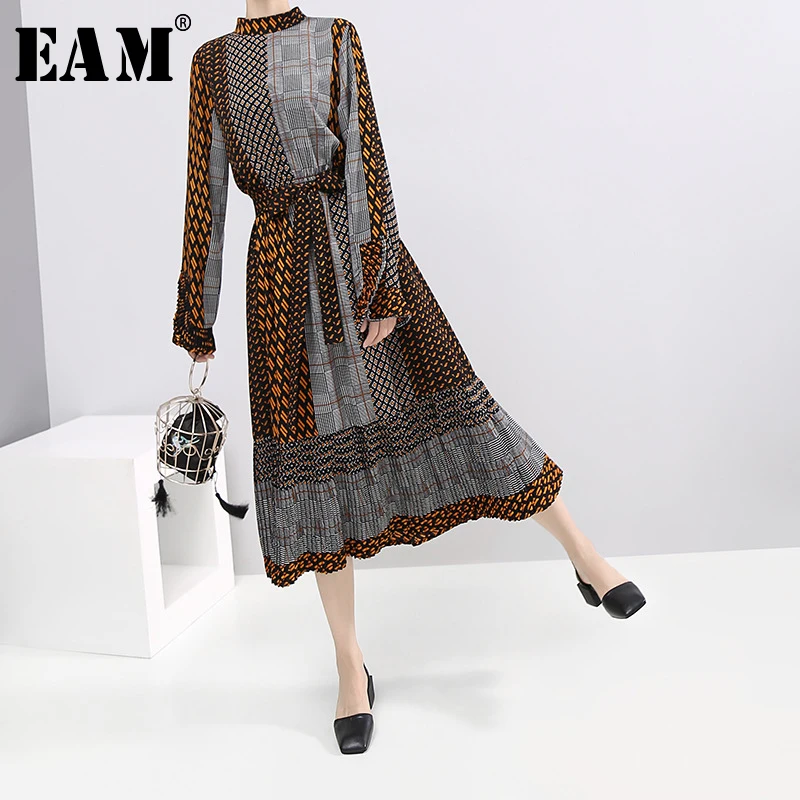 

[EAM] Women Pattern Printed Loose Bandage Dress New Stand CollarLong Sleeve Loose Fit Fashion Tide Spring Autumn 2019 1B729