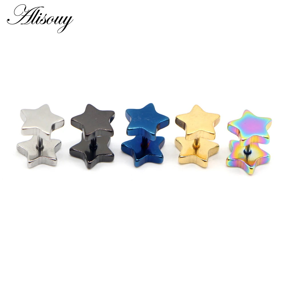 2pcs Unisex Stainless Steel Barbell Ear Stud Five-Pointed Star Earrings Screw Back Ear Piercing Body Jewelry
