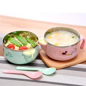 

2020 Baby feeding Thermal Bowl Toddler Tableware Learning with Cover Baby Stainless Steel Suction Cup Insulation Bowl 300ml