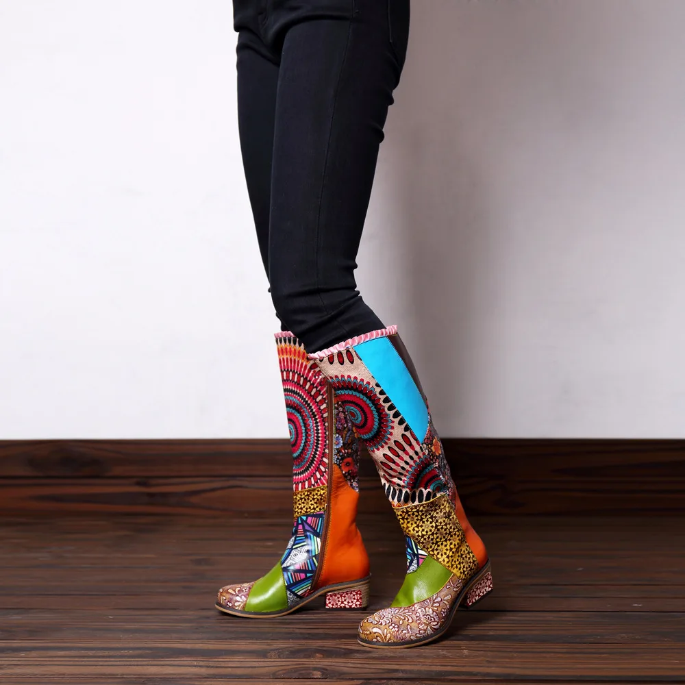 Брендовые модные женские сапоги из натуральной кожи в стиле ретро; высокие сапоги до колена в богемном стиле; женская обувь; женские ковбойские сапоги на молнии