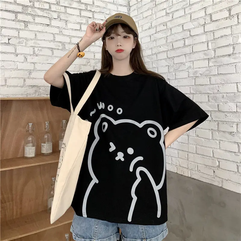 Japanese Casual Cartoon Summer Short-sleeved T-shirt Female Student Loose Soft Girl Cute College Style All-match Loose Top New winter jackets for men