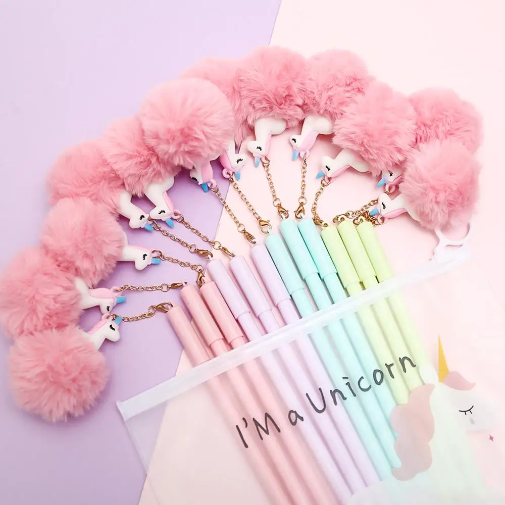 

12pcs Korean Fluffy Unicorn Pendant Gel Pen Cute Rainbow Office School Supply Material Kawaii Stationery Item Thing Pink Goods