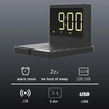 

Alarm Clock 15W Wireless Charging USB Night Light LED Digital Clock With Adjustable Brightness DQ-Drop