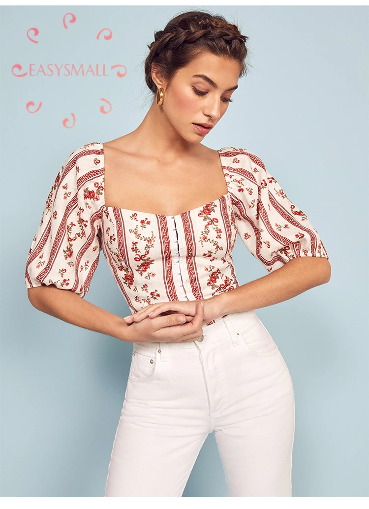 

EASYSMALL Women dress Fashion Summer Sexy Puff sleeve linen high-end streetwear Clothing tight High Waist Bell sleeve blouses