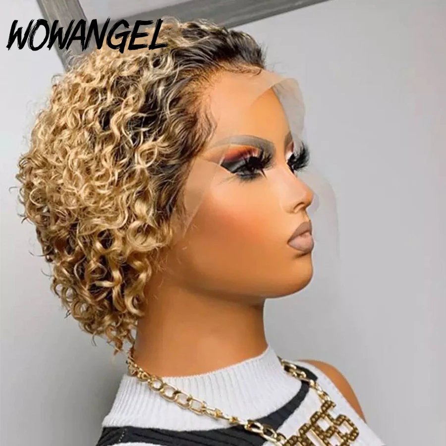 Peluca de cabello humano rizado con cierre frontal, corte Pixie corto, color borgoña 99J, rubio miel