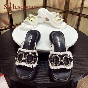 

Summer New Arrivial Thick-soled Square-toe Women Slippers Velcro Letters Metal One-word Buckle Tassels Outer Wear Sandals