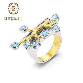 

GEM'S BALLET Natural Swiss Blue Topaz Women's Cocktail Ring 18k Gold Over 925 Silver Two Tone Handmade Madagascar Forest Rings