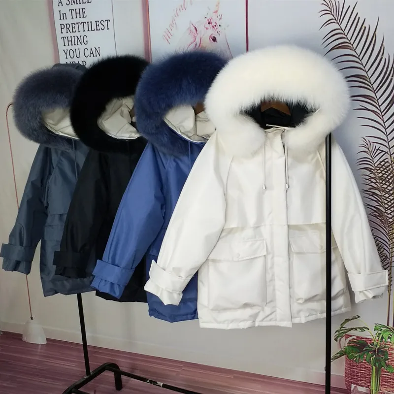 

High-end brand Parka Women Fox fur collar Hooded Winter Jacket Loose Warm Thick Women Coat Solid Casual Female Plus size Parkas
