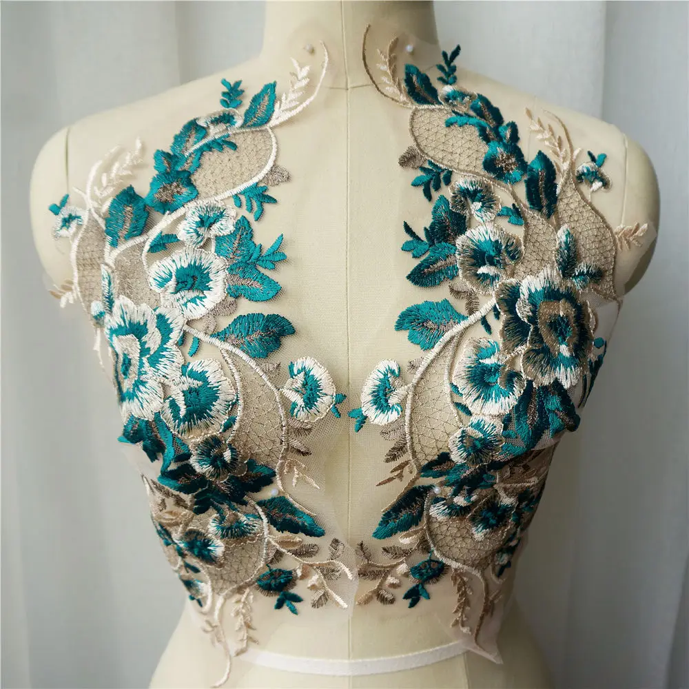 

2PCS Green Lace Fabric Embroidered Flower Gown Appliques Trims Classic Collar Mesh Sew Patches For Wedding Decoration Dress DIY