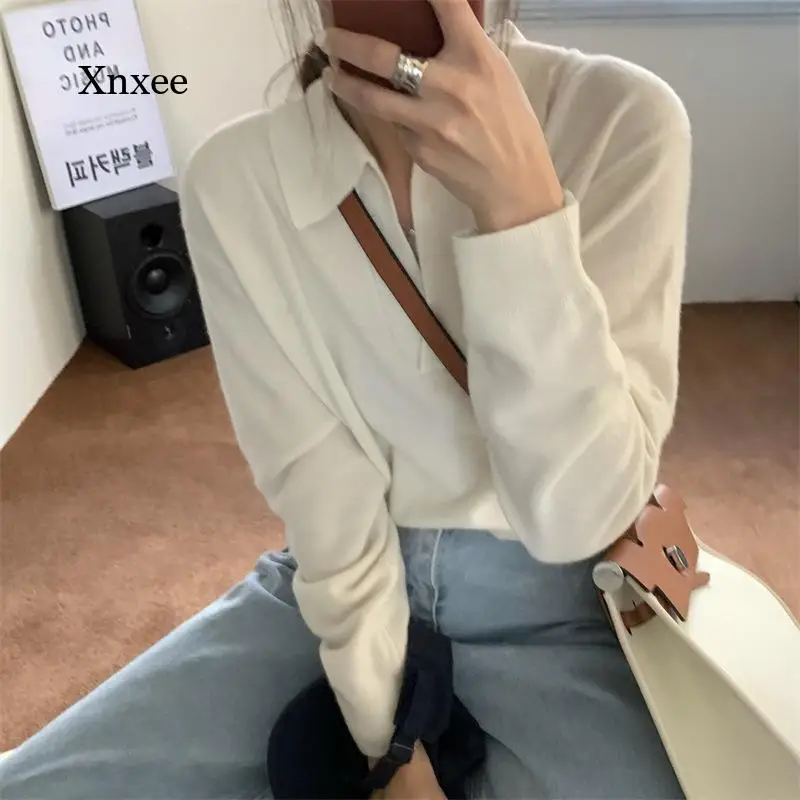 

Winter and Spring New Arrivals Ladies Basic Loose Casual V-Neck Solid Color Knitted Pullover Top Sweater