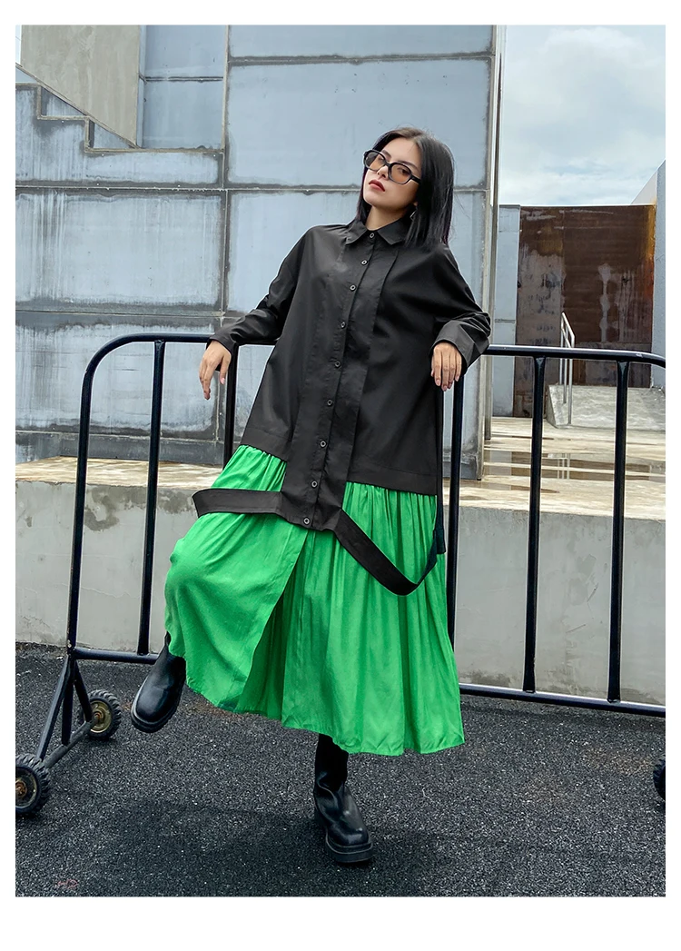 XITAO Patchwork Dress Fashion New Women Single Breast Patchwork Plated Hem 2020 Autumn Minority Casual Style Loose Dress ZP3457
