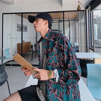 

Men Gothic Rap Hip Hop Leaf Print Loose Blouse Oversized Shirt Streetwear Fashion Blusa Korean Harajuku Tops