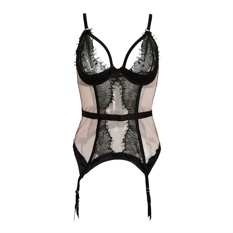 

Black Pink Eyelash Lace Women Gothic Bustier with Belt Metal Buckles Sexy Corset Slim Waist Training Female Underwear SLA038