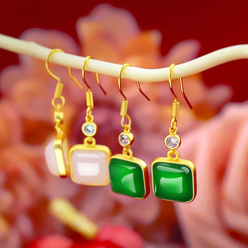 

Fashion Women Earrings 14K Gold Drop Earring Classic Agate Stone Gemstone Earrings Green Emerald Jade Earrings Jewelry Female