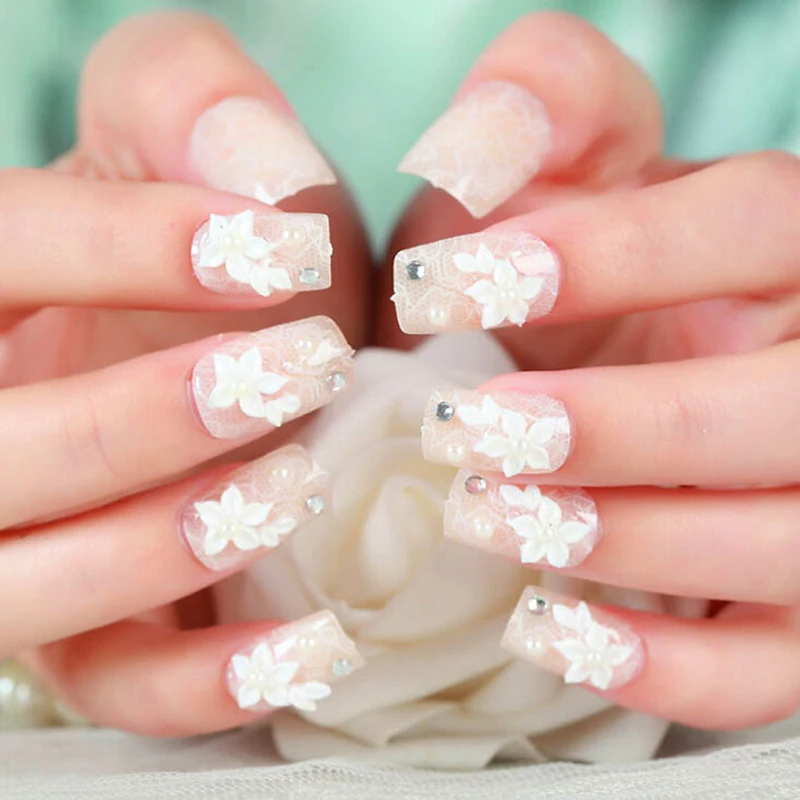 New 24pcs Fashion Long Fake Nails Tips Oval Red Gradient Japanese White Cherry Style Flower Decorated for Fashion Girls