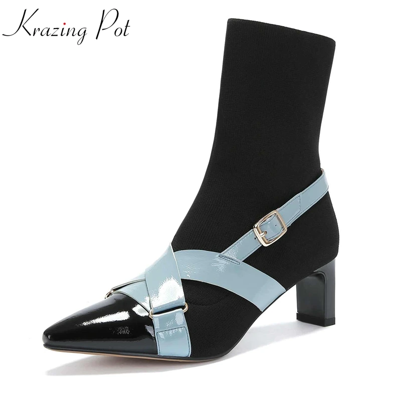 

krazing pot genuine leather superstar Chelsea boots streetwear dating mixed color pointed toe thick high heel mid-calf boots L80