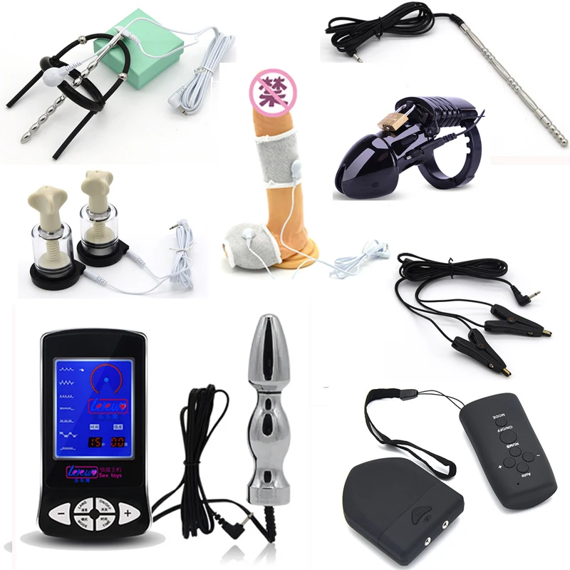 Electro Shock Penis Ring BDSM Anal Plug Penis Plug Rings Ankle Cuffs Neck Collar Mouth Gag Restraint Kit Fetish Adults Sex Toys