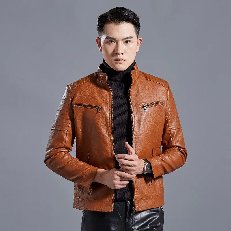 Slim Fit Moto байкерские мужские куртки на молнии из искусственной кожи модные корейские повседневные куртки с воротником-стойкой ветрозащитная мужская верхняя одежда пальто плюс размер - Color: 2