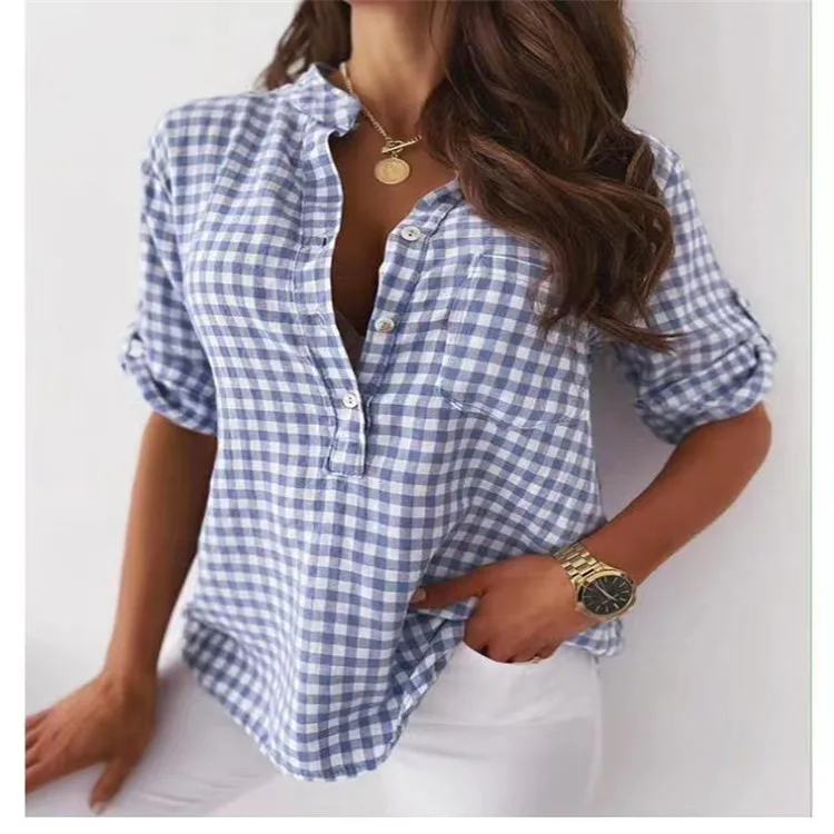 Large size women blouse 2021 cotton and linen solid color blouse blue plaid temperament commuter stand-up collar women's shirt