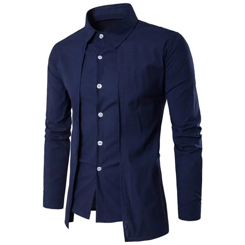 Модные поддельные две части блузки роскошные бизнес отложной воротник мужские рубашки дышащие Chemise Homme тонкие офисные мужские рубашки - Цвет: Navy