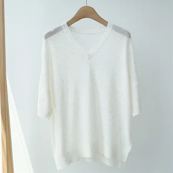 

Knitted Women T Shirt 2020 New Summer Lady Short Sleeve Half Sleeve Sequins Stitching Sweater Tee Tops Female V-neck T-shirts