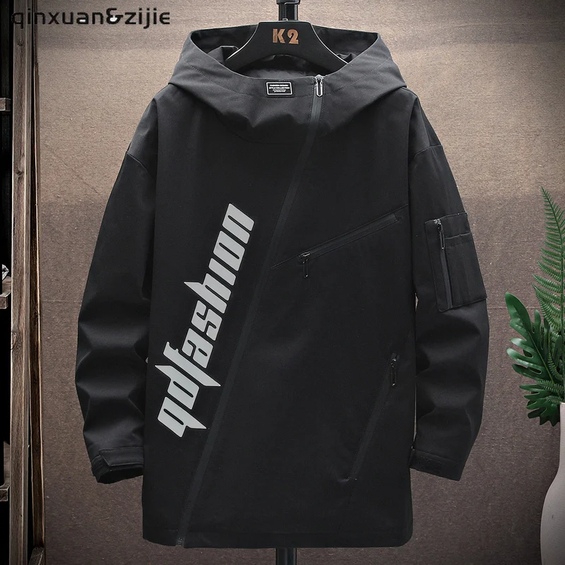 Men's Windbreaker Jackets Cardigan Male New Korea Fashion Techwear Hooded Print Coats Casual Clothing Autumn