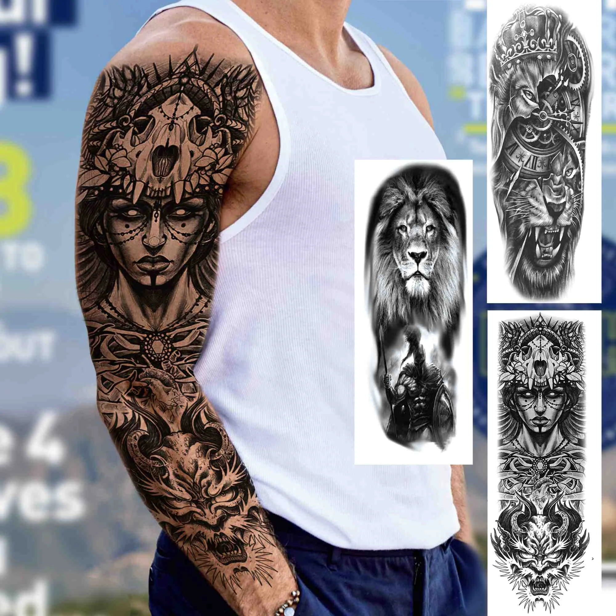 Large Indian Temporary Tattoos Sleeve For Men Boy Adult Women Realistic Fake Lion Tattoo Sticker Black Waterproof Full Arm Tatoo Temporary Tattoos Aliexpress