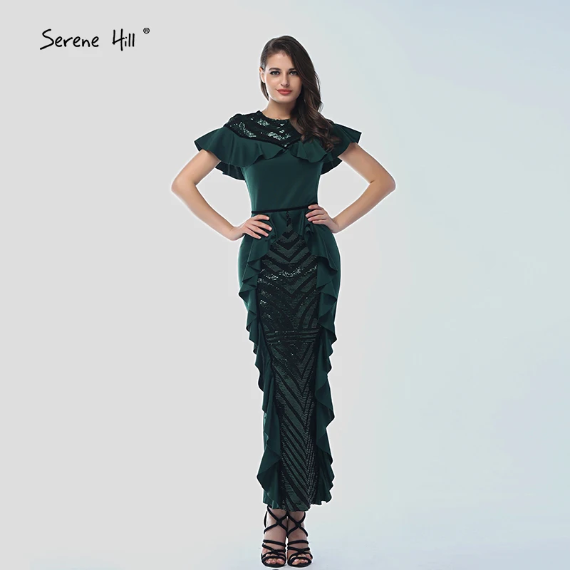 Зеленый Короткие рукава Русалка Вечерние платья с оборками и блестками Элегантные вечерние платья дизайн Serene Hill QA8034