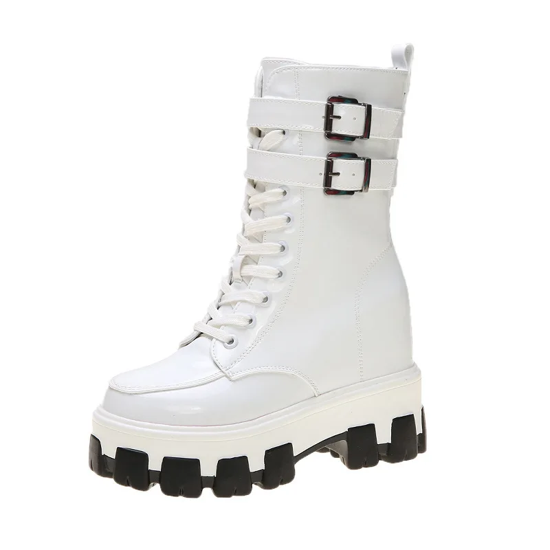 IFOND/Модная обувь на плоской подошве на молнии; женские ботинки из искусственной кожи на платформе и высоком каблуке; водонепроницаемые красочные резиновые сапоги со шнуровкой - Цвет: Белый