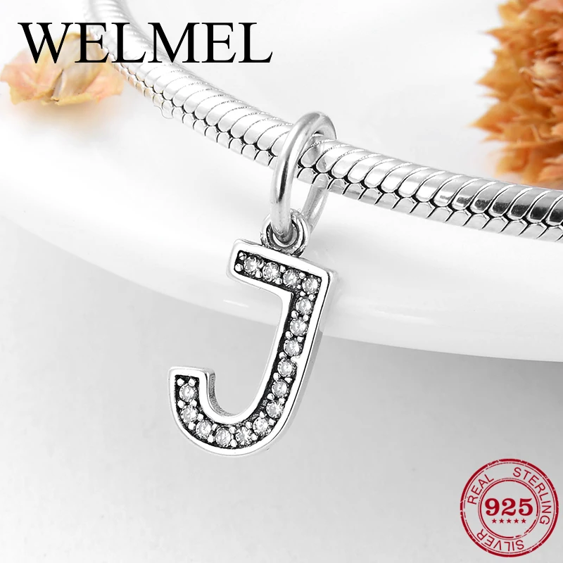 

Real 925 Sterling Silver Alphabet Letter J Crystal Charm Bead Fit Original Pandora Bracelet Necklace Authentic Jewelry Making
