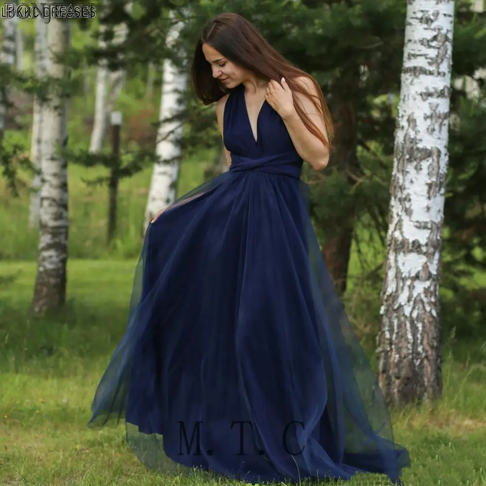 

Elegant Navy Blue Tulle Long Bridesmaid Dresses High Quality Wedding Party Women Dress 2019 New V Neck Country Bridesmaid Gowns