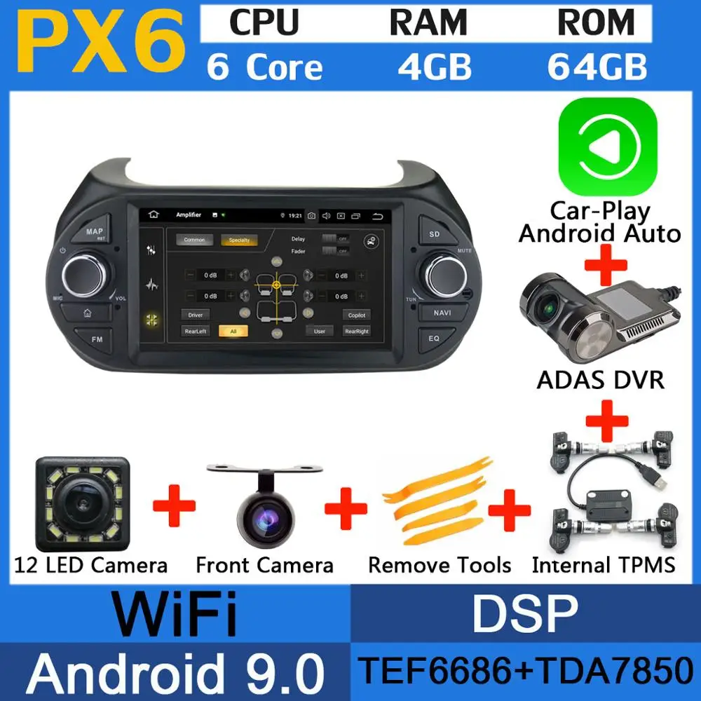 PX6-CarPlay-ADAS-TMS Восьмиядерный 4G+ 64G Android 9,0 5 USB порт Автомобильный DVD для FIAT Fiorino/Qubo для Citroen Nemo автомобильный Радио gps Мультимедиа DSP - Цвет: PX6-CarPlay-ADAS-TMS