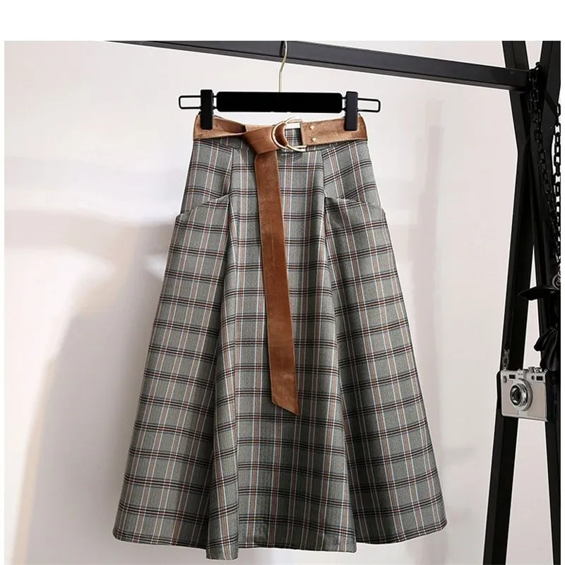 Plaid Vintage Warm Thick Winter High Waist Women Skirts Female Autumn Plus Size A-line Long Girls Skirt Brown Elegant Skirt