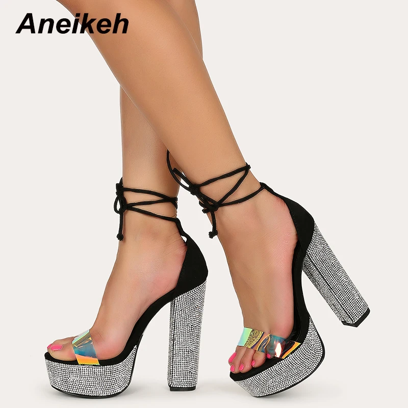 Aneikeh/Женская обувь; босоножки из ПВХ на платформе с высоким каблуком и открытым носком; стразы; летняя обувь для вечеринки и свадьбы; сандалии на шнуровке с перекрестными ремешками