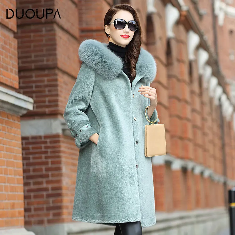 Осенне-зимнее Новое модное кожаное длинное шерстяное пальто с шерстью, овечья шерсть, пальто с мехом, Женская длинная куртка с капюшоном из лисьего меха