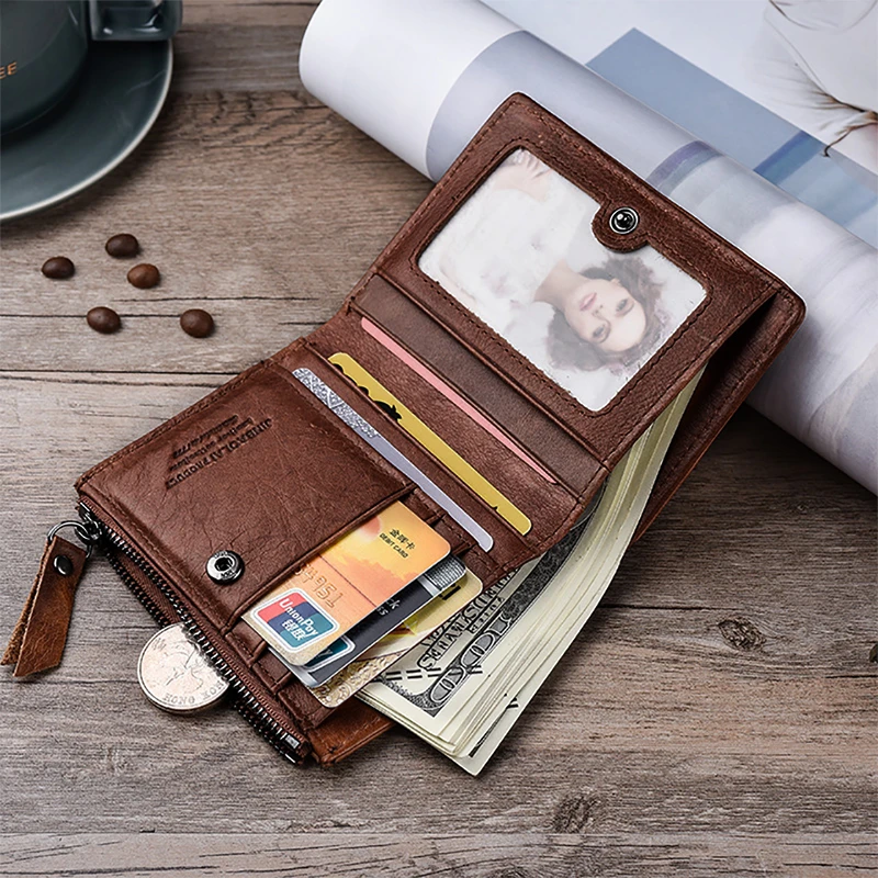Cow Leather Men Wallet Small Vintage Square Wallets Male Zipper Coin Purses Card Holder Wallet 