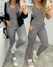 

Women's Three-piece Set Fashion Houndstooth Print Color Block Jacket and Sleeveless Camisole & High-waisted Tight Trousers Suit