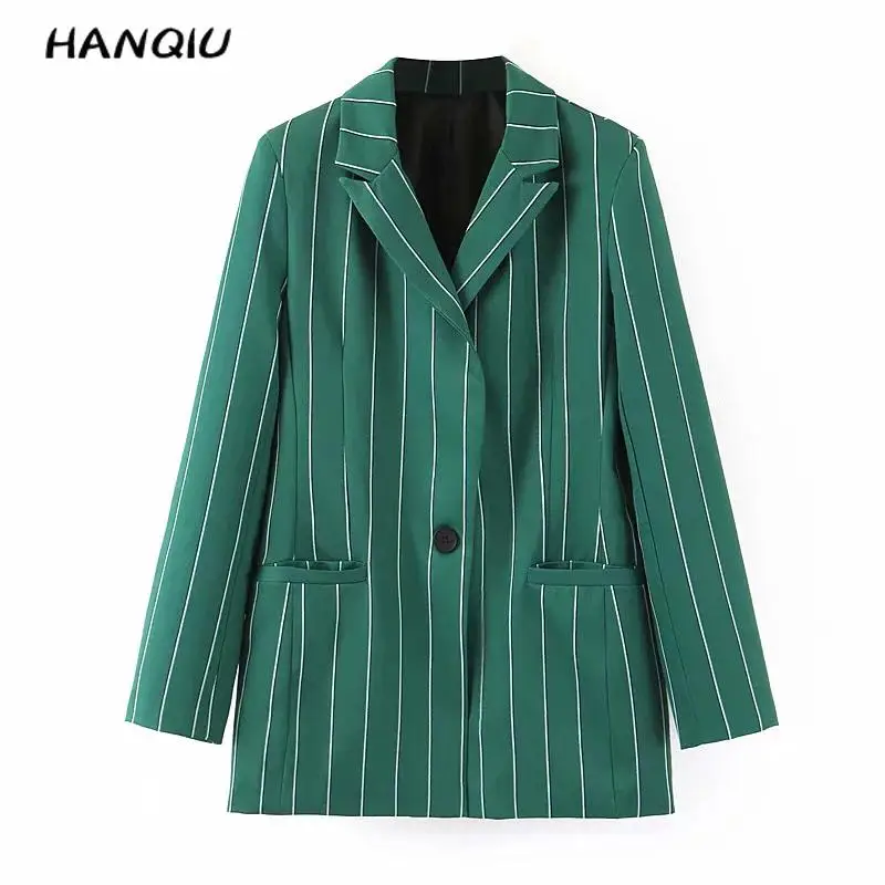 Осень полосатый принт зеленый Блейзер, женский пиджак костюм на каждый день Длинные рукава офисные женские Блейзер Пальто Верхняя одежда в уличном стиле