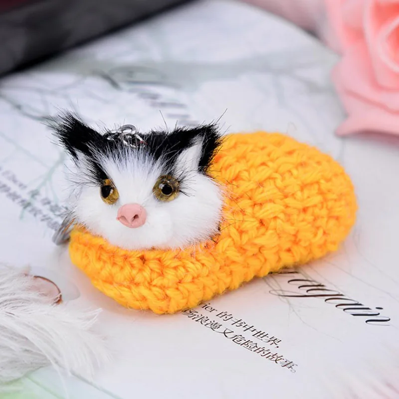 Милые kawaii брелки Спящая кошка помпон брелок для женщин девочек ручной работы из искусственного меха кролика котенок брелки для ключей ключи от машины брелок