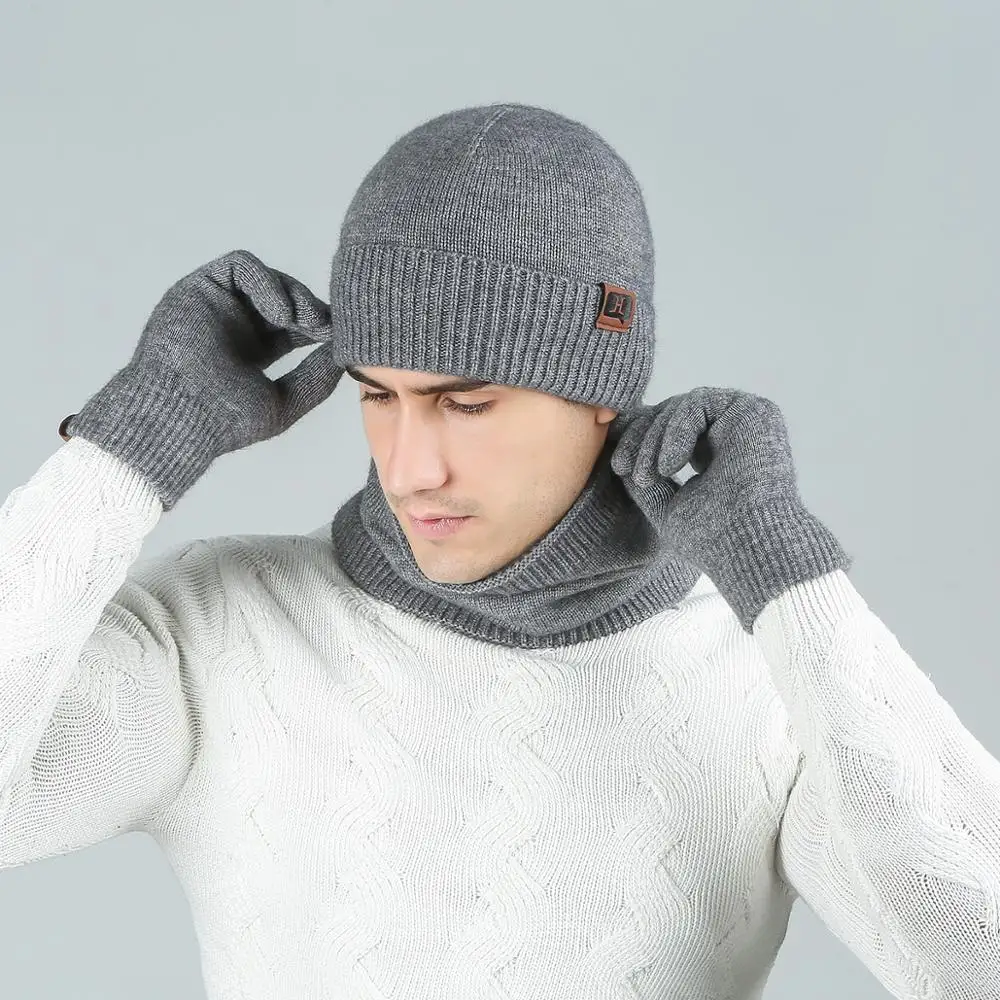 Новые теплые зимние шапки, шарф, перчатки для мужчин, комплект из 3 предметов, толстые хлопковые зимние аксессуары, набор женских мужских шапок, шарф, перчатки