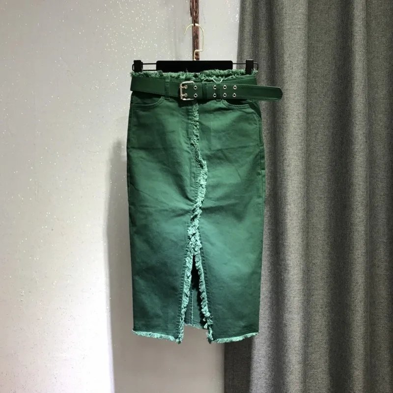 dark green Европейский, женские пляжные юбки по колено с разрезом из джинсовой ткани Весенняя новинка, эластичный пояс-шнур с высокой талией, женские прямые юбки - Color: dark green