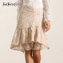 TWOTWINSTYLE кружевная юбка в стиле пэчворк для женщин с высокой талией, асимметричные юбки с рюшами, Женская мода, новая одежда