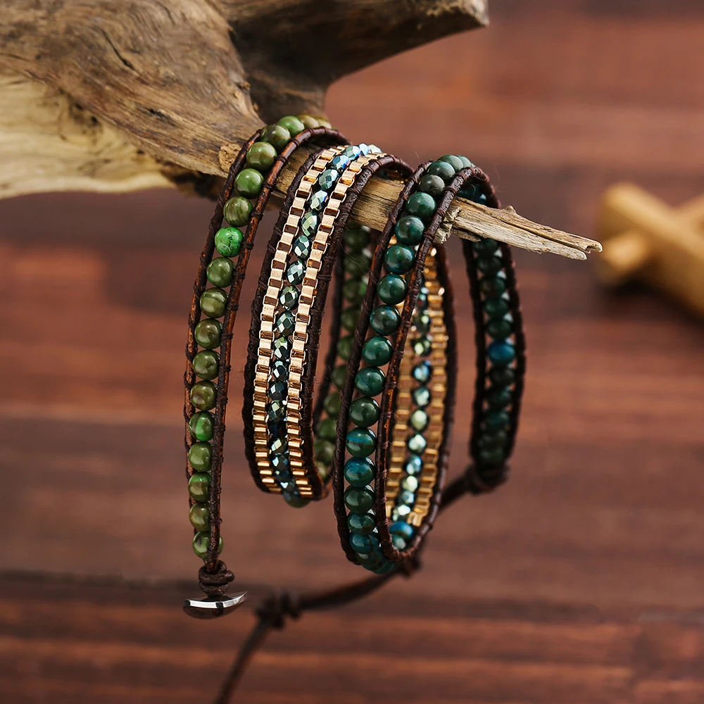 Boho натуральная кожа натуральный камень кристалл нержавеющая сталь коробка цепь Смешанные 3 обертывания Регулируемый подарок браслет ювелирные изделия для женщин мужчин