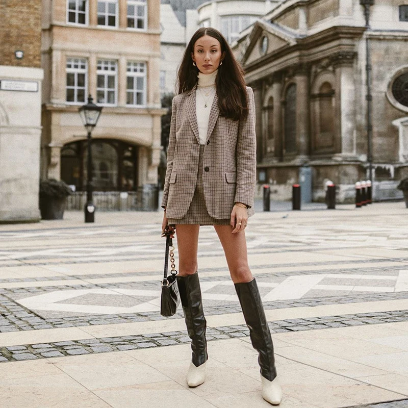 Beste Fashion Office Dames Pak Set Vrouwen Tweedelige Houndstooth Set Elegante Enkele Breasted Blazer Met Hoge Taille Chic Mini Rok