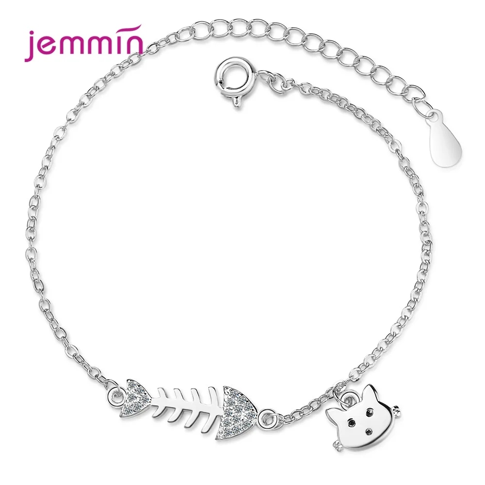 Милый серебряный браслет в виде животных с мультяшным котом и рыбкой, 925 пробы и браслет, подарок на день рождения для женщин и девочек, вечерние ювелирные изделия, трендовая цепочка на руку