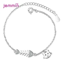 Милый серебряный браслет в виде животных с мультяшным котом и рыбкой, 925 пробы и браслет, подарок на день рождения для женщин и девочек, вечерние ювелирные изделия, трендовая цепочка на руку