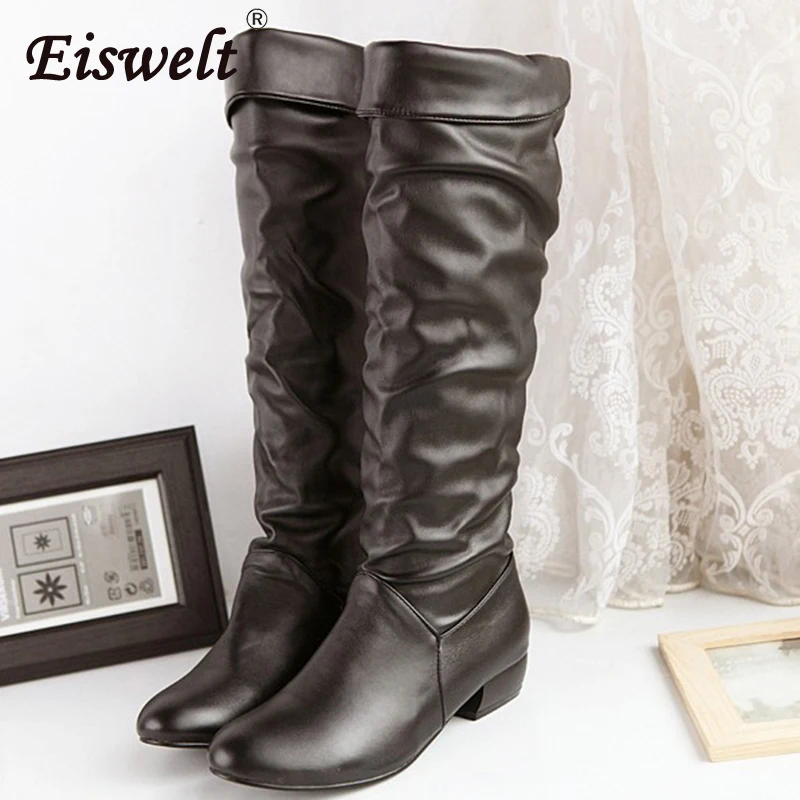 EISWELT/женские осенне-зимние ботинки Повседневные высокие сапоги на низком каблуке обувь В рыцарском стиле с круглым носком Модные женские ботинки - Цвет: Черный