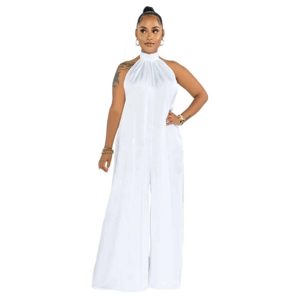 Elegant White Jumpsuit For Women Summer Clothes Sexy Backless Halter Rompers Pure Color Loose Overalls Casual Jumpsuits 2021