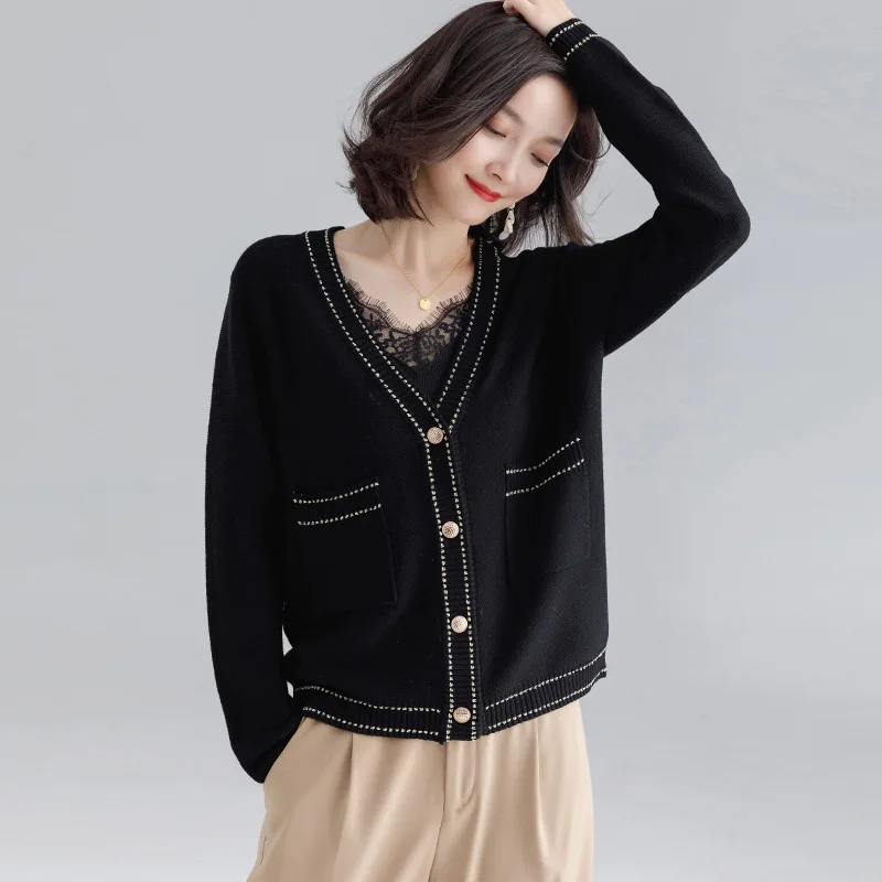 

Contrast Stiching Cardigans Women V Neck Knitted Wool Blend Cardigan Sweater Black
