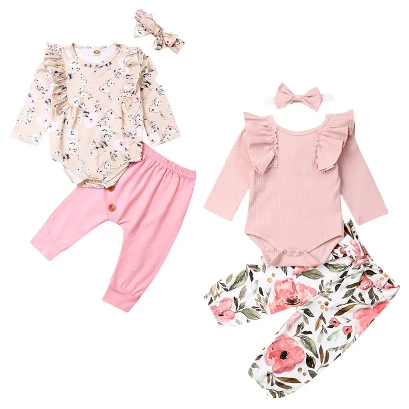 

New 3Pcs Baby Girl Ruffle Romper Tops+Floral Pants+Headband Outfit Set Autumn Clothes